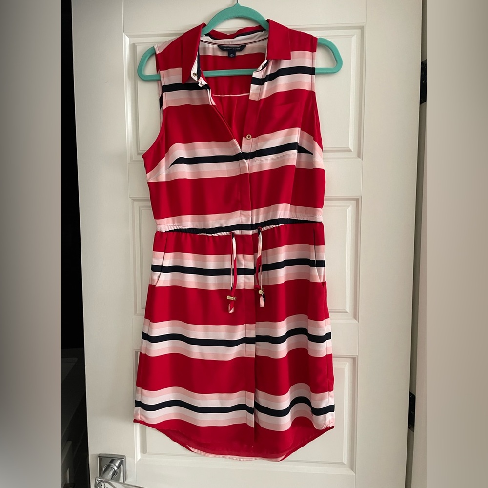 Tommy Hilfiger Red, White & Black Striped Sleeveless Drawstring Shirt Dress